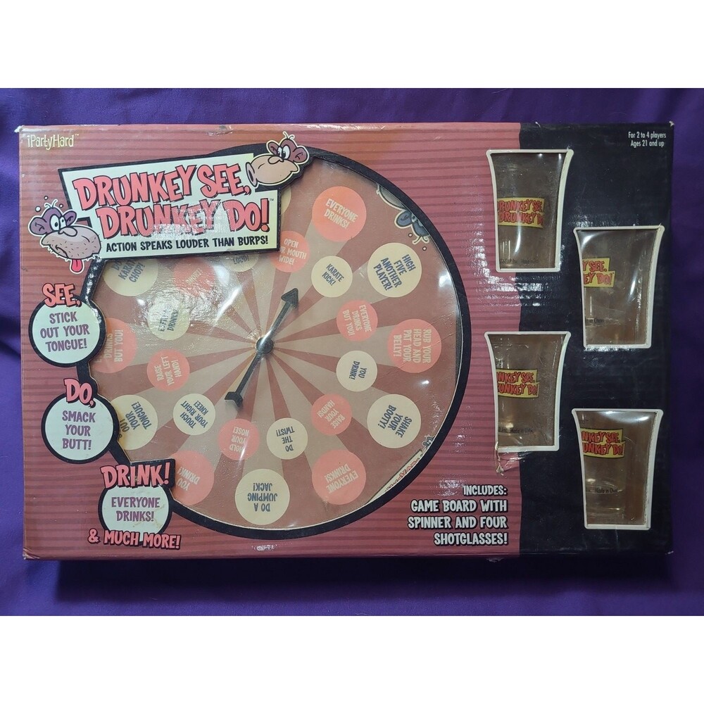 i Party Hard Drunkey See Drunkey Do Drinking Game w/Shot Glasses and Spinner
